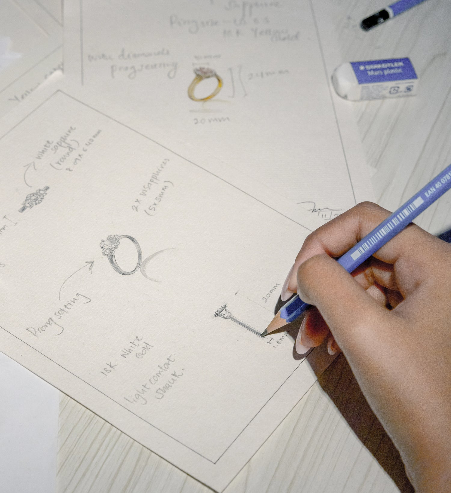 Bespoke ring design sketch, illustrating the thoughtful process behind creating unique engagement rings