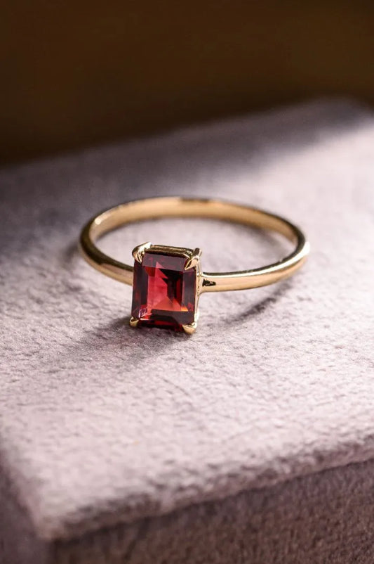 Custom 1.67ct garnet ring in 14K yellow gold, designed as a birthday gift with timeless elegance.