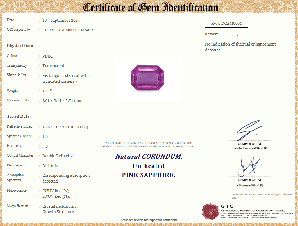 Certificate of authenticity for 1.1ct unheated Emerald cut Pink Sapphire, confirming the gemstone's quality and origin from Sri Lanka.