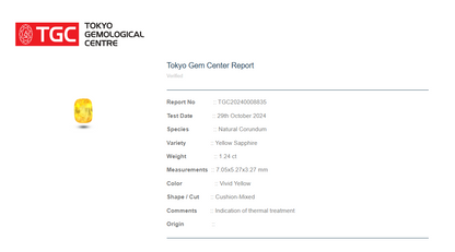 Certificate of authenticity for 1.24ct Sri Lankan yellow sapphire, confirming its quality and origin.
