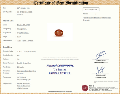 Certificate of authenticity for 1.32ct unheated Ceylon Padparadscha sapphire, confirming its exceptional rarity and value.
