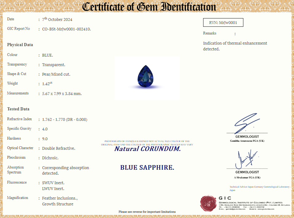 Certificate of authenticity for 1.4ct Royal Blue Sapphire from Ceylon, confirming its exceptional quality and origin.