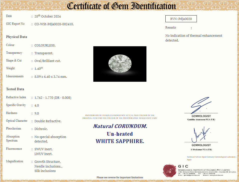 Certificate of authenticity for 1.4ct unheated white sapphire engagement ring, confirming the quality and value of the gemstones.