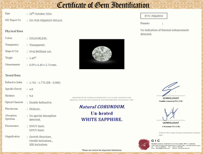 Certificate of authenticity for 1.4ct unheated white sapphire engagement ring, confirming the quality and value of the gemstones.