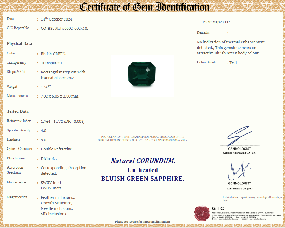 Certificate of authenticity for 1.56ct unheated emerald-cut teal sapphire, confirming its quality and value.